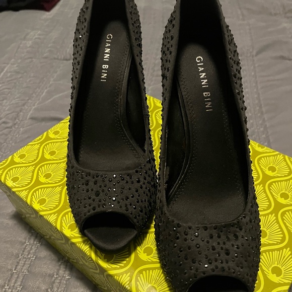 Black Gemstone Bedazzled Peeptoe Heels - Picture 5 of 10